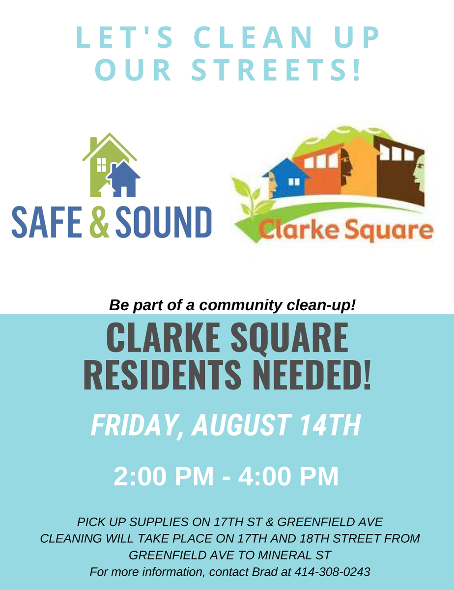 SafeSoundInc's tweet photo. Join the District 2 Team in Clarke Square today for a neighborhood clean up ๐ฎ
Meet us at 17th & Greenfield at 2pm. We'll have bags and everything you need. Can't wait to see you there!
#CleanUp #BlockBuildMKE #Community #SafeSoundMKE https://t.co/UgwUiShHXL