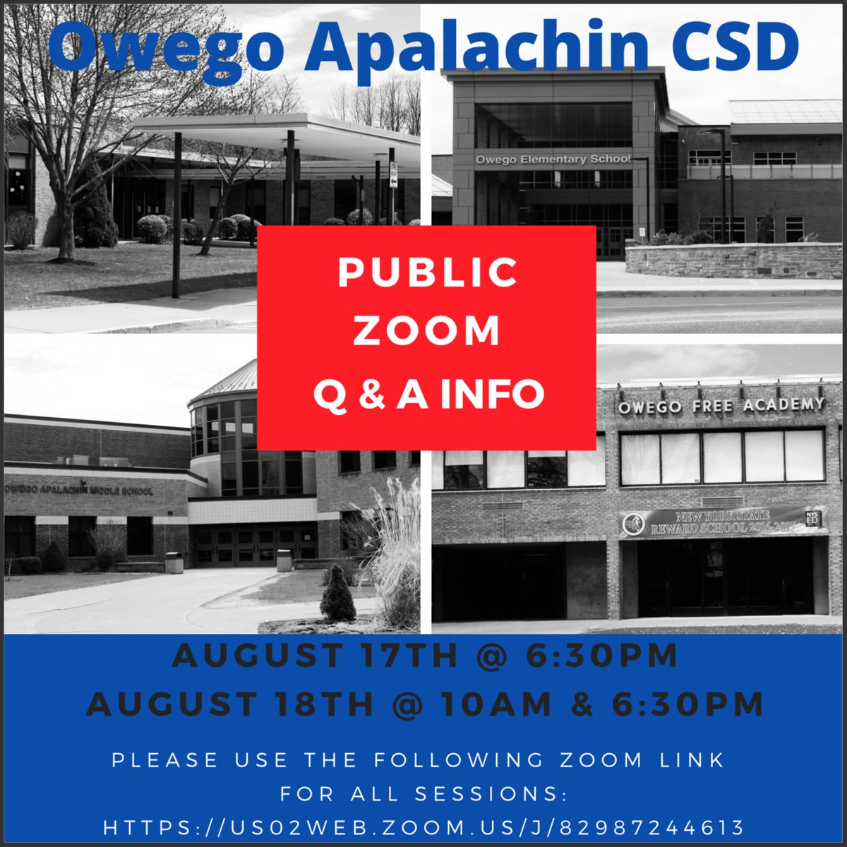 Families are invited to join in any of the 3 upcoming Q &amp; A's about the district's reopening plan. They will take place via ZOOM Webinar: 
*Monday, August 17, 6:30 p.m. 
*Tuesday, August 18, 10:00 a.m. 
*Tuesday, August 18, 6:30 p.m.

Zoom link &amp; details: oacsd.org/ReopeningOACSD…