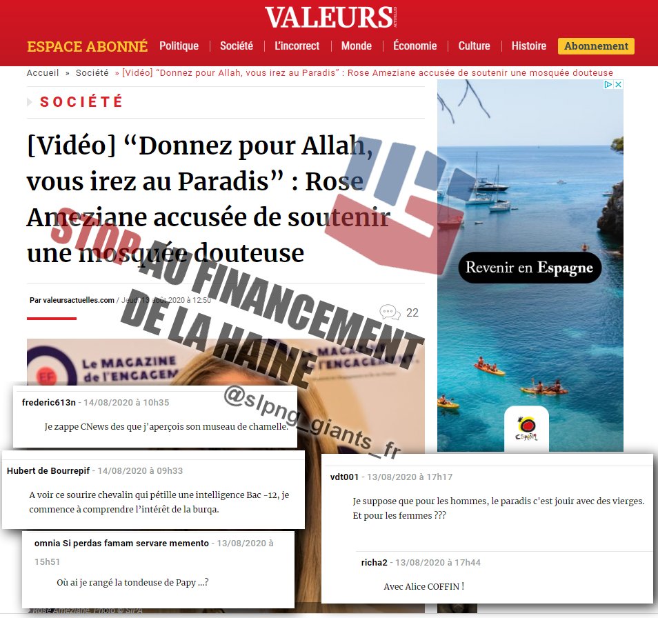 slpng_giants_fr's tweet image. 🚨 @EspagneenFrance, l'Espagne est un pays accueillant, alors que fait votre pub sur #ValeursActuelles ? L'idéologie de ce site ne nous semble pas compatible avec vos principes et les commentaires complaisamment laissés par la modération sont pires ⬇️

SVP fuyez ce site abject!