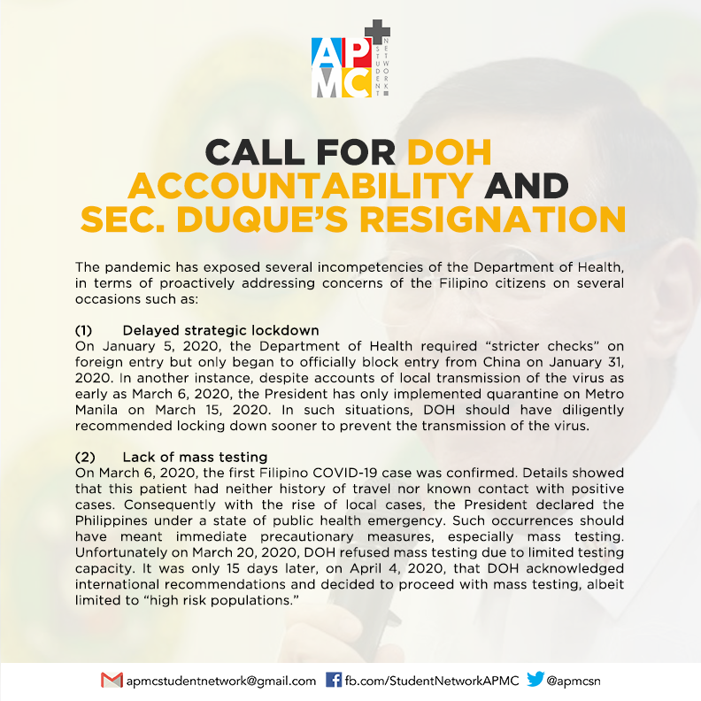 apmcsn's tweet photo. With the pandemic exposing the incompetencies of DOH in addressing the concerns of the Filipino people, APMC-SN calls for the resignation of Sec. Francisco Duque III, and accountability from DOH regarding the following issues. https://t.co/MYEqUEYbII