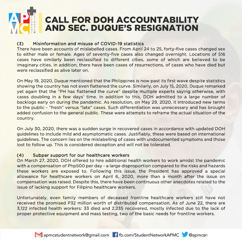 apmcsn's tweet photo. With the pandemic exposing the incompetencies of DOH in addressing the concerns of the Filipino people, APMC-SN calls for the resignation of Sec. Francisco Duque III, and accountability from DOH regarding the following issues. https://t.co/MYEqUEYbII
