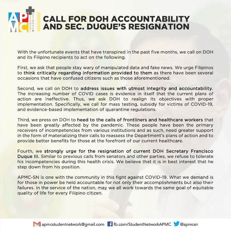 apmcsn's tweet photo. With the pandemic exposing the incompetencies of DOH in addressing the concerns of the Filipino people, APMC-SN calls for the resignation of Sec. Francisco Duque III, and accountability from DOH regarding the following issues. https://t.co/MYEqUEYbII