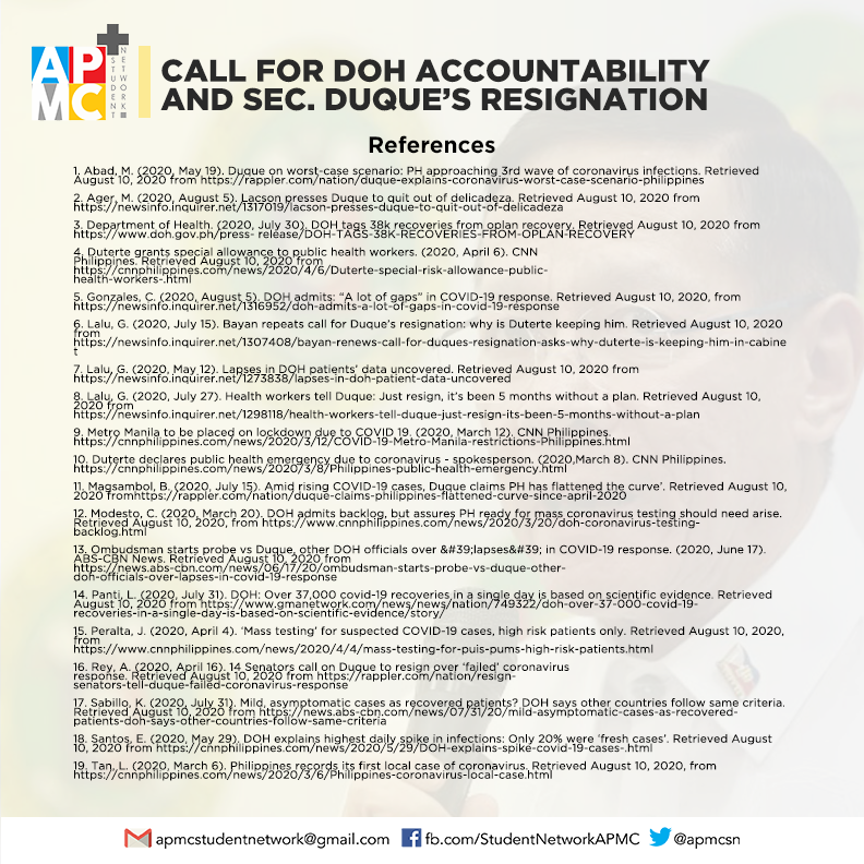 apmcsn's tweet photo. With the pandemic exposing the incompetencies of DOH in addressing the concerns of the Filipino people, APMC-SN calls for the resignation of Sec. Francisco Duque III, and accountability from DOH regarding the following issues. https://t.co/MYEqUEYbII