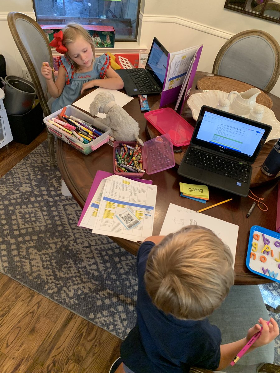 PageRogers7's tweet photo. Virtual kindergarten start for my two kids. So thankful their preschool is offering a hub for 8 kids from 3 different PISD schools. #PISDFirstDay #pisdproud https://t.co/caSqvO4SyV