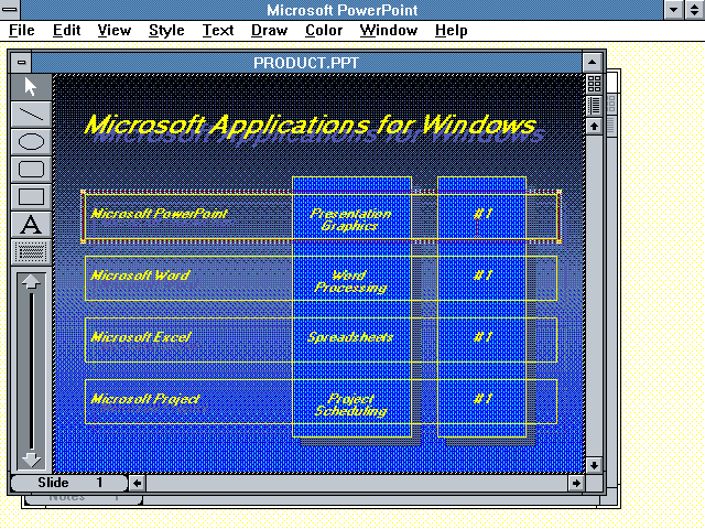 In 1988 it was bought by Microsoft and a color version was released -- and since its features were based prominently on actual slides, its default was -- you guessed it! -- blue and yellow!