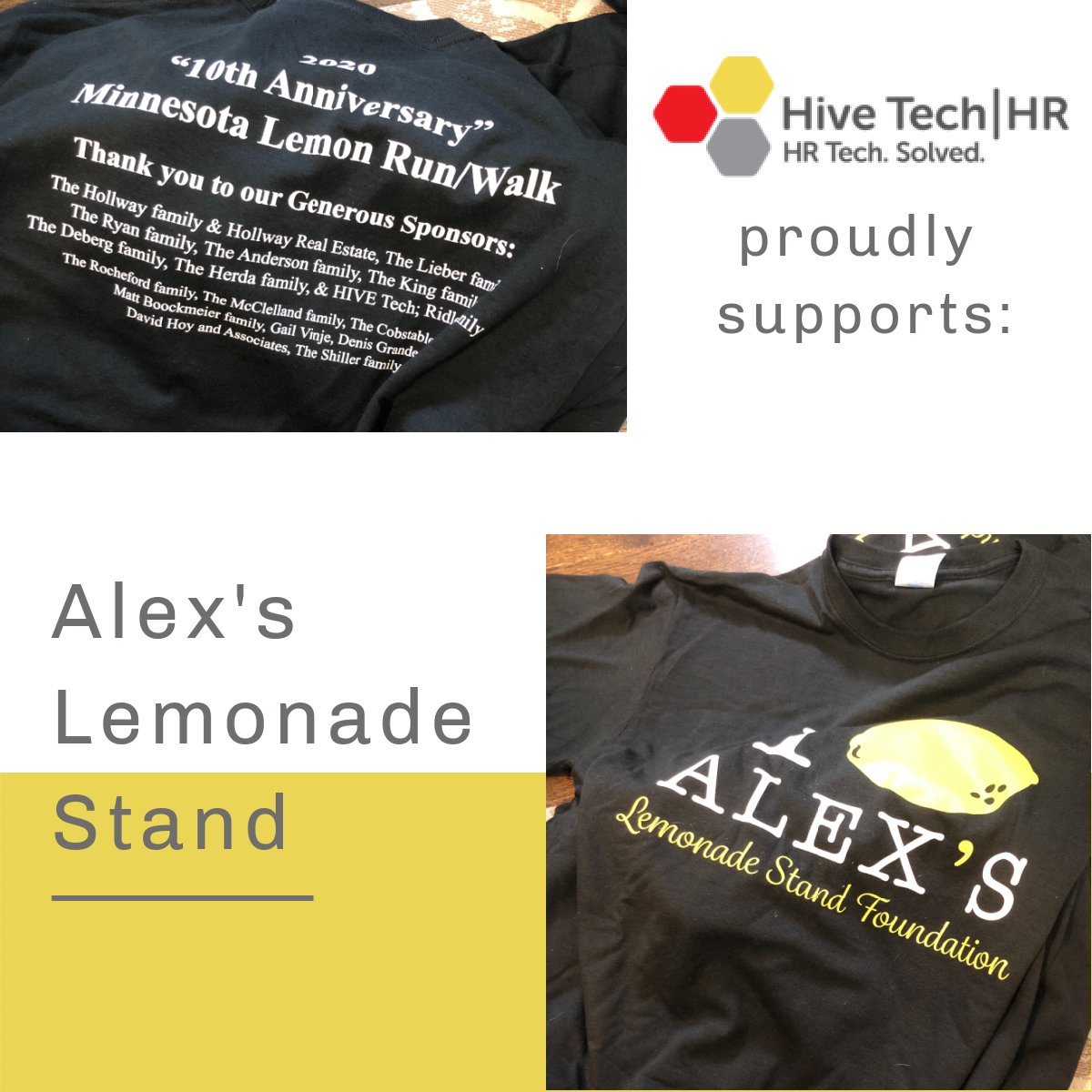 Supporting organizations that are near and dear to our Hivers looks a little different these days. Hive Tech HR proudly supported Alex's Lemonade Stand virtual Lemon Run/Walk in Minnesota on August 1st. 

🍋Learn more here: alexslemonade.org