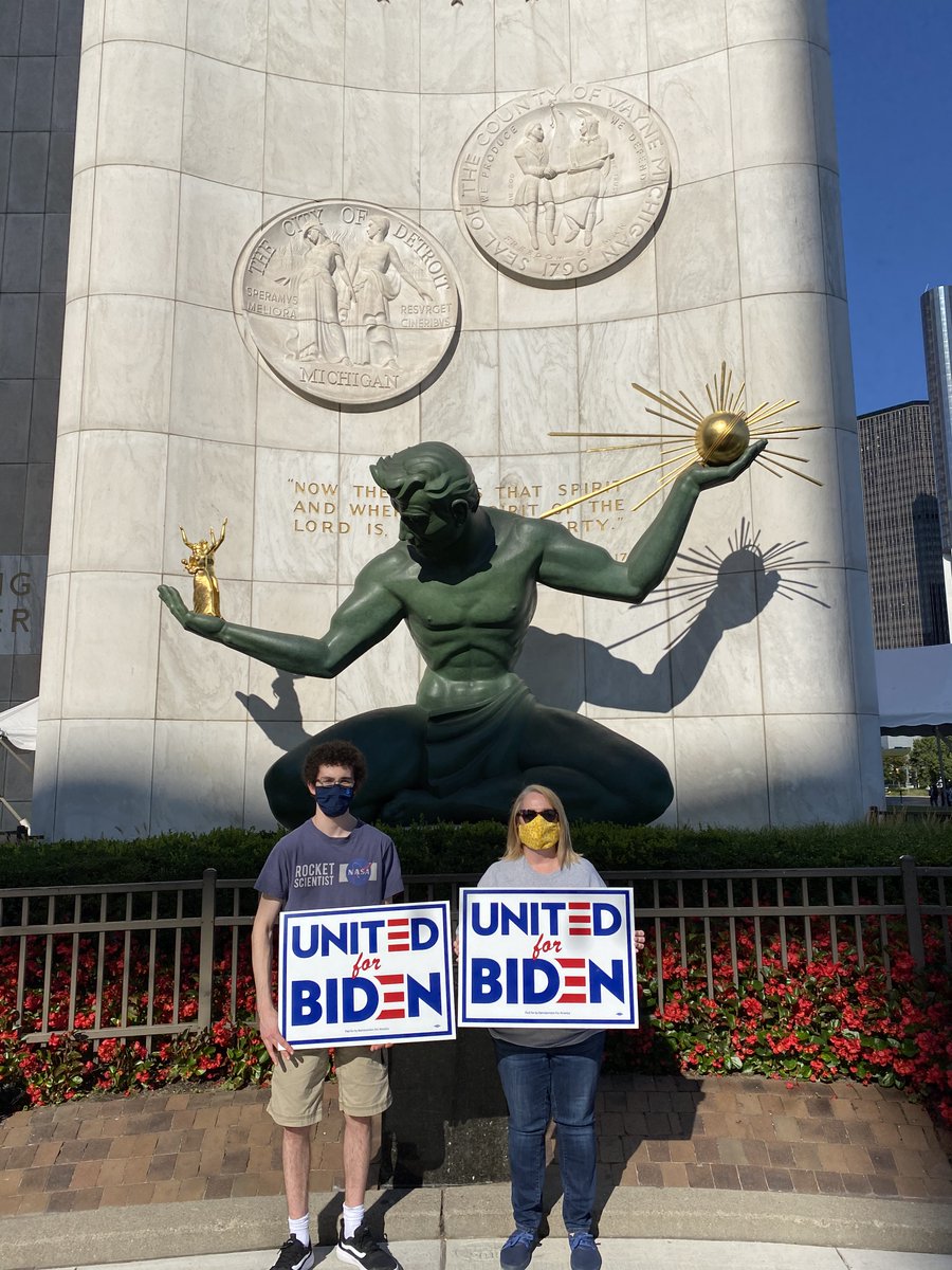  @BarnstormersUSA  #SignsAcrossAmerica  #UnitedForBiden  #WeWantJoe  @natkatsal This sculpture is called "The Spirit of Detroit". When the Red Wings make it to the Stanley Cup playoffs, this fella puts on his specially constructed Red Wing's Jersey for the duration.