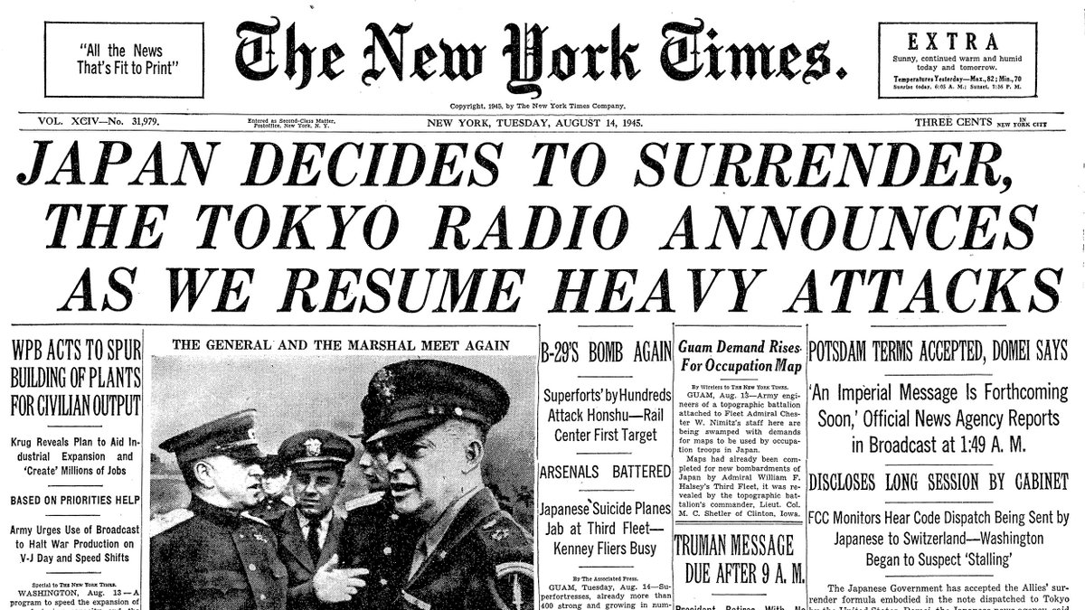 Aug. 14, 1945: Japan Decides to Surrender, The Tokyo Radio Announces As We Resume Heavy Attacks  https://nyti.ms/31Vt5m8 