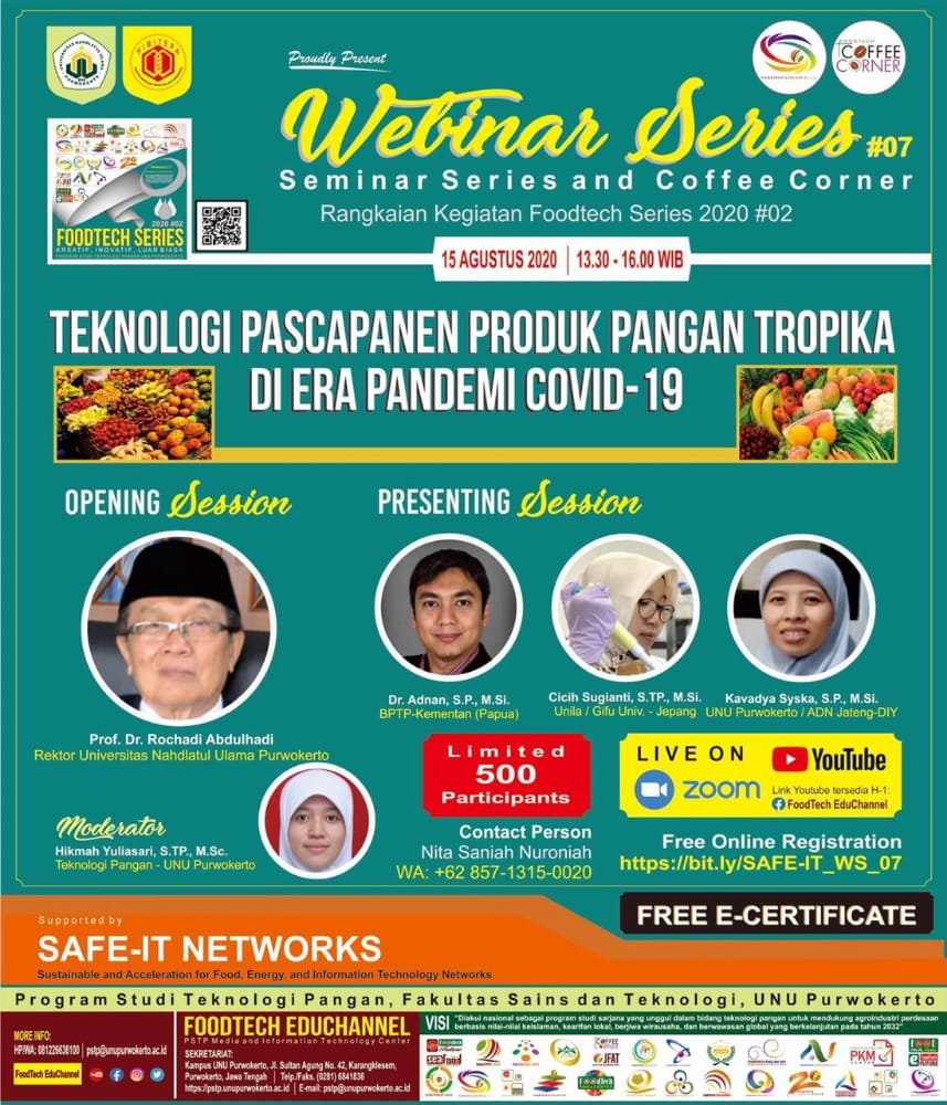 dpalupie's tweet image. *FOODTECH SERIES 2020 #Chapter02 - WEBINAR SERIES #07* 

[TERBUKA UNTUK UMUM]

*Tema: “Teknologi Pasca Panen Produk Pangan Tropika di Era Pandemi covid-19"

15 Agustus 2020
13.30-16.00 | ZOOM

Free online registration: bit.ly/SAFE-IT_WS_07

Jangan sampai ketinggalan! 😄