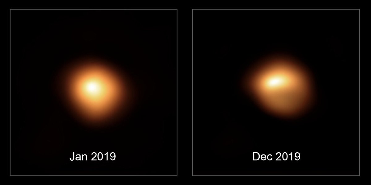 6/ But there's more! Pix taken in early and late 2019 by the Very Large Telescope showed that just the southern half of Betelgeuse dimmed. So whatever happened was local. It didn't happen over the whole star. [Note: This is AN ACTUAL IMAGE of Betelgeuse!] https://www.syfy.com/syfywire/betelgeuses-shenanigans-just-got-weirder-only-part-of-it-is-dimming