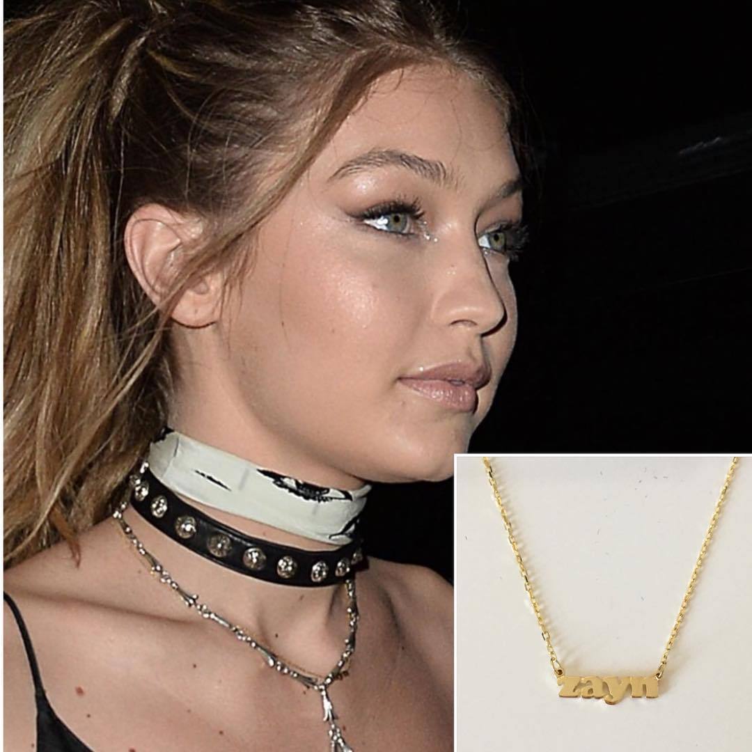 2. Gigi wore a ‘Zayn’ necklace during her 21 bday party. The necklace is by Lola James Jewelry.