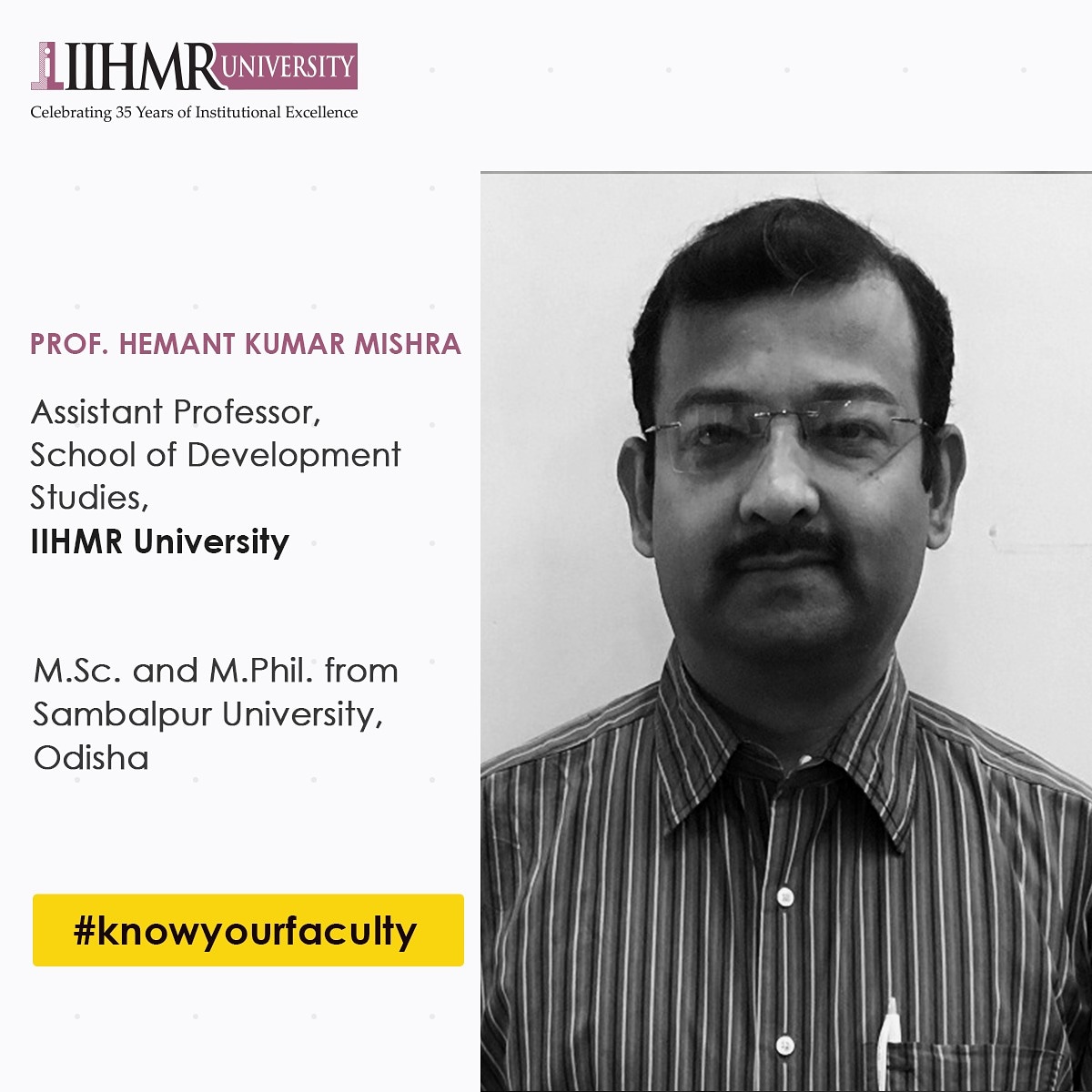 IIHMRUniversity's tweet photo. IIHMR University's Prof. Hemant Kumar Mishra shapes future development professionals by bringing his vast experience in the development sector to the classroom and beyond.
#iihmruniversity #facultyfriday #ruralmanagementprogram #schoolofdevelopmentstudies #sambalpuruniversity https://t.co/rtWEdNFBMY