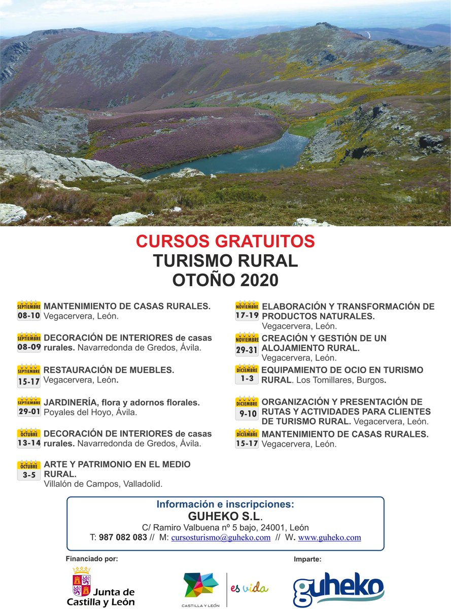 guhekoleon's tweet photo. 📣CURSOS GRATUITOS TURISMO @CyLesVida OTOÑO 2020📣

Ya puedes consultar los cursos de formación turística gratuitos para este otoño: turismo rural, de naturaleza y turismo activo, un amplio programa!!!

Más información: 👇👇
https://t.co/1amsu6f5O9 https://t.co/BuTwL48W86