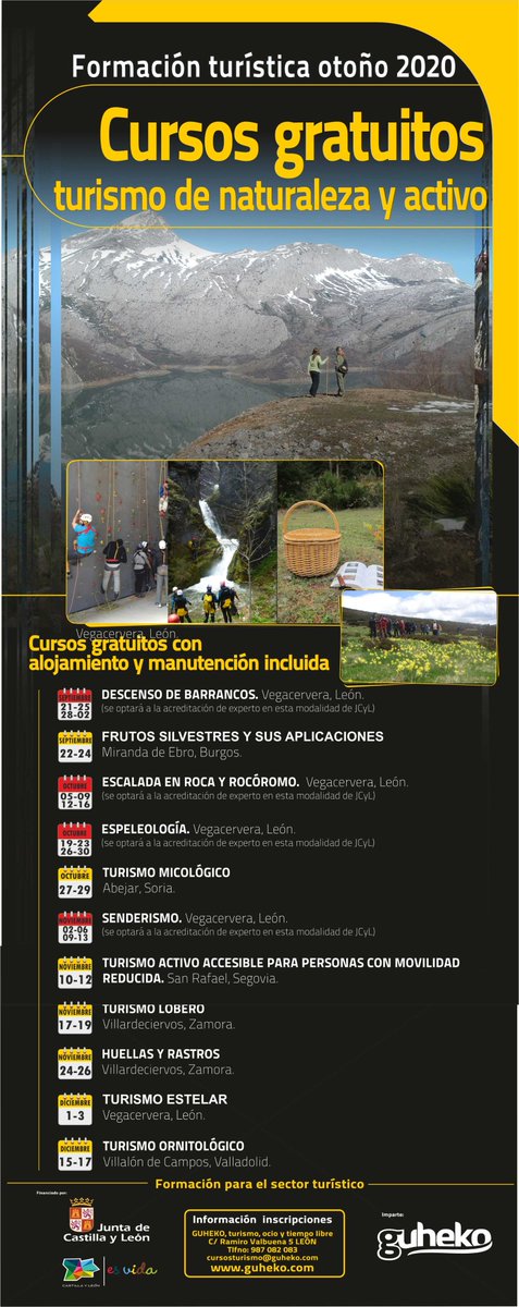 guhekoleon's tweet photo. 📣CURSOS GRATUITOS TURISMO @CyLesVida OTOÑO 2020📣

Ya puedes consultar los cursos de formación turística gratuitos para este otoño: turismo rural, de naturaleza y turismo activo, un amplio programa!!!

Más información: 👇👇
https://t.co/1amsu6f5O9 https://t.co/BuTwL48W86