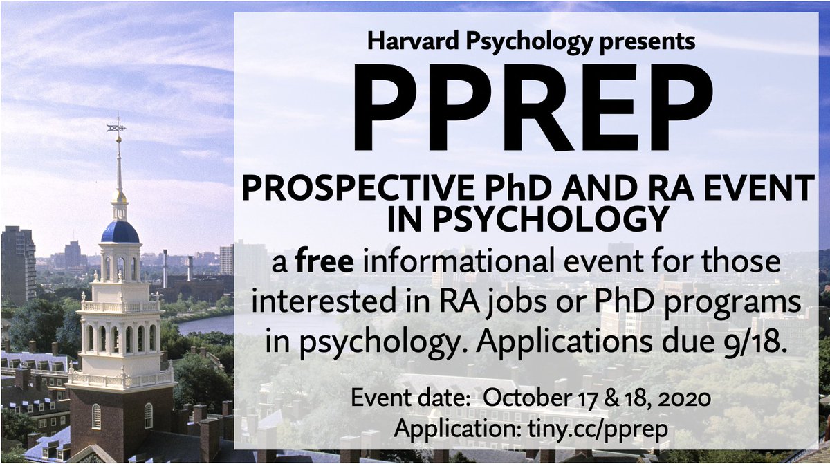I'm thrilled to announce Harvard's first annual Prospective PhD and RA Event in Psychology (PPREP)! A two-day informational and mentoring event. See details:
psychology.fas.harvard.edu/pprep