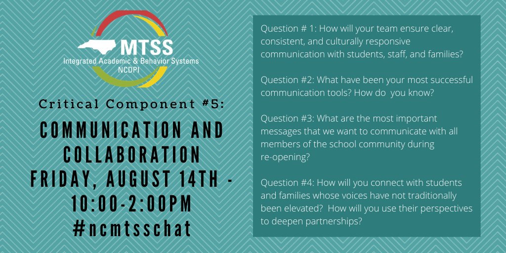 We look forward to learning from you!Join us at 10:00 today for #ncmtsschat on 
Communication &amp; Collaboration in reopening. There are some great questions to get our conversation started. 

<a href="/InterveneQueen/">Alisha Schiltz, PhD</a> <a href="/julesinthewest/">Julie Weatherman</a> <a href="/BethRiceIABS/">Beth Rice</a> <a href="/bhall_iabs/">𝔹𝕣𝕚𝔸𝕟𝕟𝕖 ℍ𝕒𝕝𝕝</a> 
<a href="/JTiabs/">JadeTIABS</a>
<a href="/klmills18/">Karmen Mills</a> 
<a href="/annednixon/">Anne Nixon</a>
