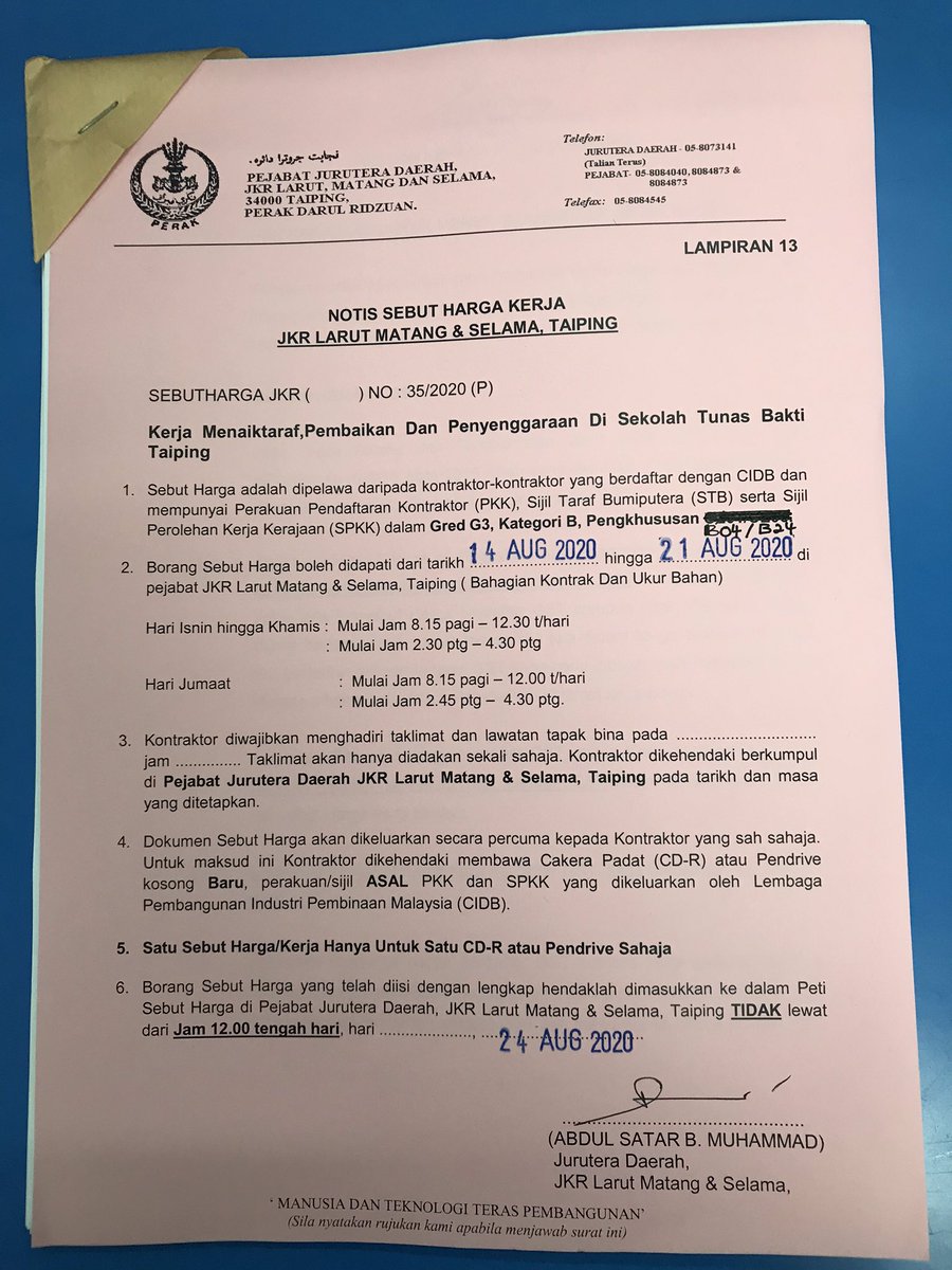 NOTIS SEBUTHARGA : 
Tawaran sebutharga JKR Daerah LMS dibuka kepada kontraktor berdaftar dengan CIDB Gred G3. Dokumen boleh didapati di unit Ukur Bahan JKR Daerah LMS seperti tarikh yang dinyatakan.  <a href="/JKRMalaysia/">JKR Malaysia</a> <a href="/JKRPERAK/">JKR PERAK</a> <a href="/Roslan_AGhani/">Roslan Abd Ghani</a> <a href="/satarm_satar/">abdul satar muhammad</a>