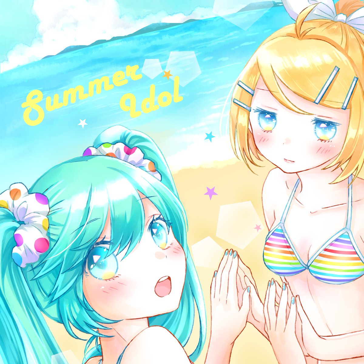 初音ミク ,鏡音リン 「今日はサマーアイドルなミクさんとリンちゃんを描きました?? 」|⛩ 茶々。⛩のイラスト
