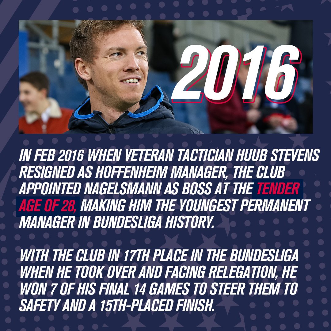 6. In Feb 2016, when veteran tactician Huub Stevens resigned as Hoffenheim manager for health reasons, the club appointed Nagelsmann as boss at the tender age of 28, making him the youngest permanent manager in Bundesliga history, with the club in 17th and doomed for relegation..