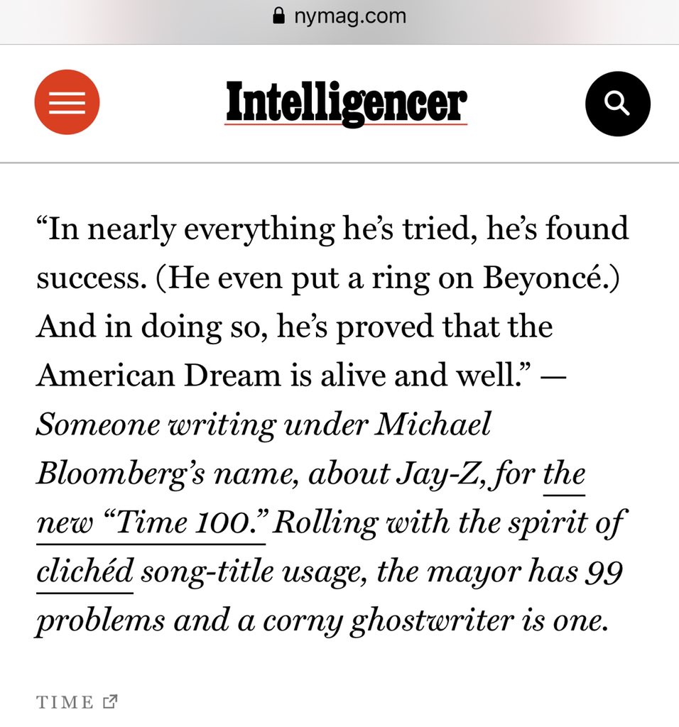 56) Michael Bloomberg when he wrote for Jay-Z’s  @TIME cover as Mayor of New York in 2013:“He event put a ring on Beyoncé.”