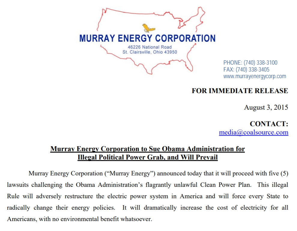 But let's go back to when the sides were reversed: The Clean Power Plan release, Aug. 3, 2015. Guess who said they'd sue even before Obama released the plan? Murray Energy, for whom Wheeler at the time was a lobbyist (he didn't represent them in the suit though). 4/