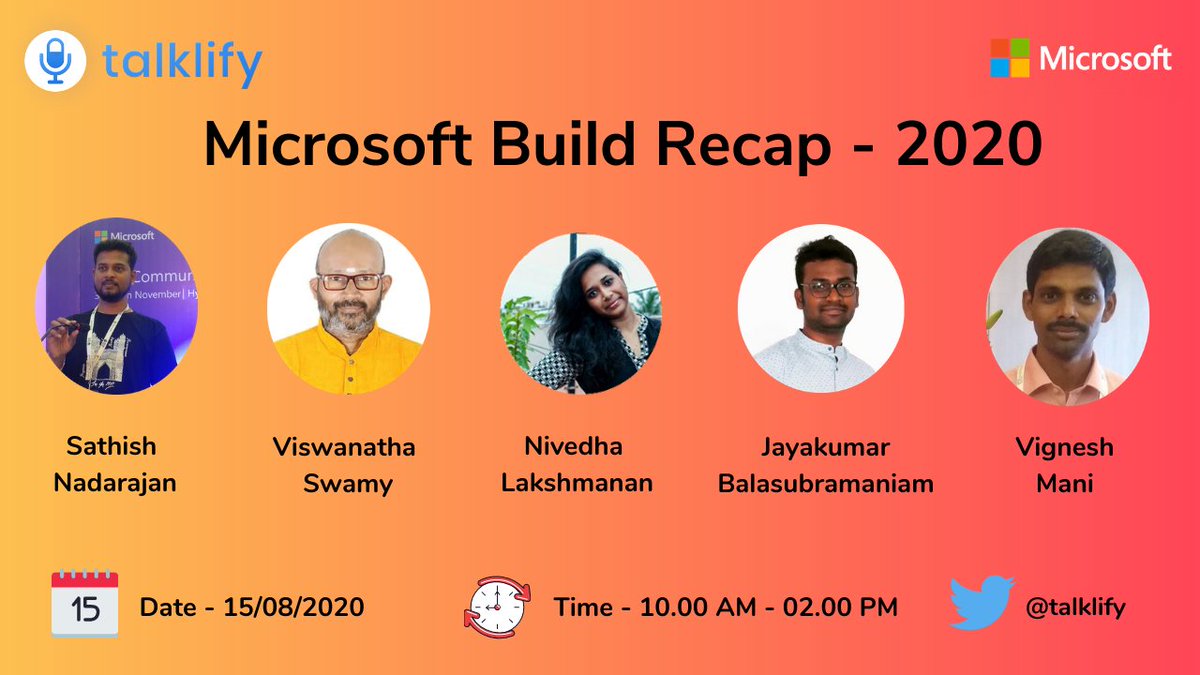 talklify's tweet image. Final call!😎
Join us tomorrow to learn some interesting updates on @Microsoft Technologies!😎
Meetup link - meetup.com/Talklify-Commu…
YouTube link - youtu.be/jvfcp91lwUo
@contactsathish @vishipayyallore @NivedhaLakshma2 @jayakumrB @mcavickymas
#MSBuild #MSBuild2020 #Talklify