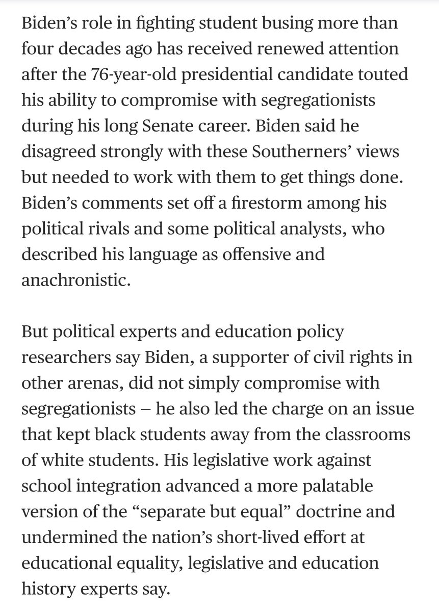 Biden didn't just defend segregationists, he defended segregation.15 years after the party committed to supporting any policies and actions necessary to ensure equality, Biden was STILL trying to protect racism. https://www.google.com/amp/s/www.nbcnews.com/news/amp/ncna1021626