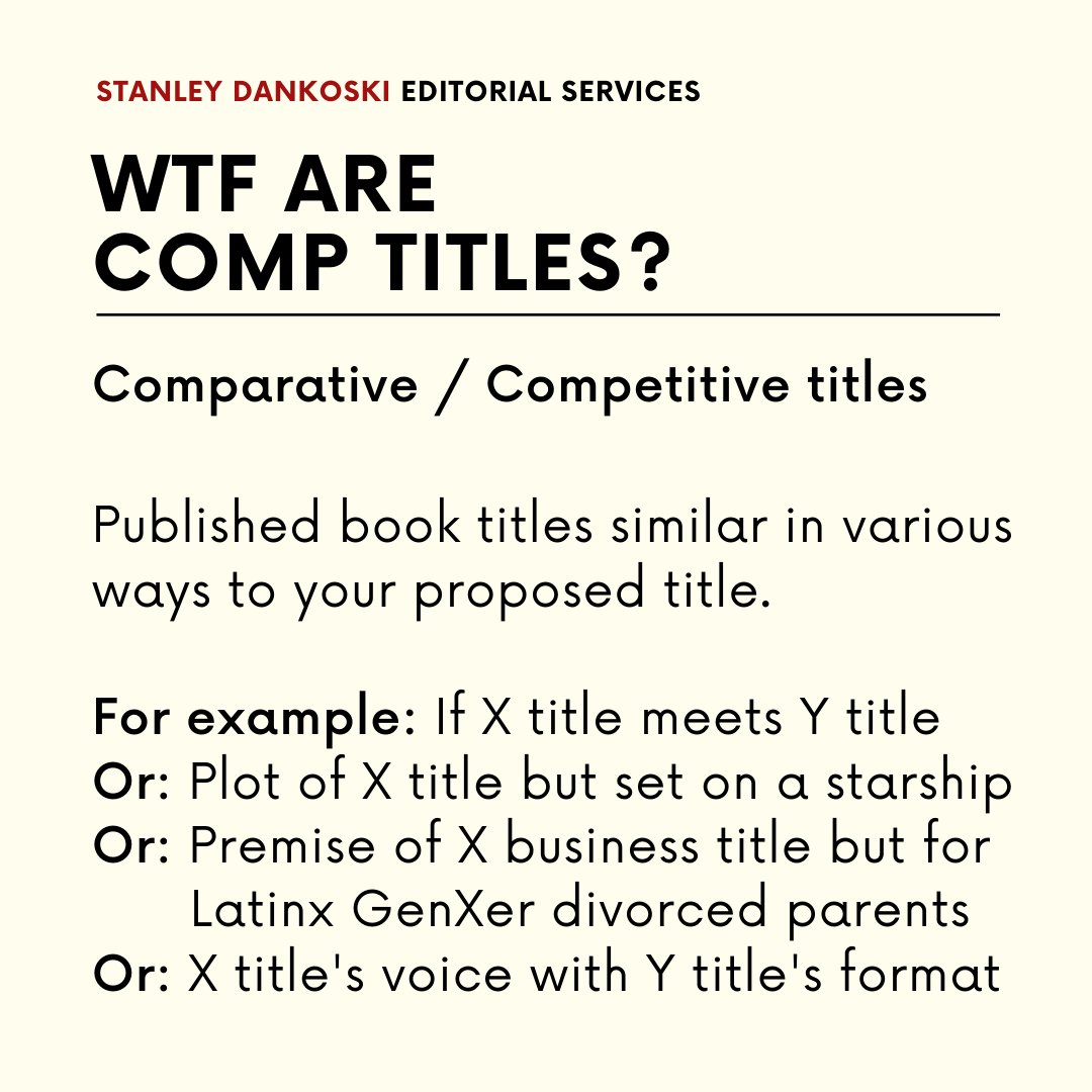 stanleydankoski's tweet image. WTF are comp titles?

Short for comparative or competitive titles, they are recently published book titles similar in various ways to your title.

If you’re creating a #bookproposal for your proposed #nonfiction title, the section on #comptitles is essential.