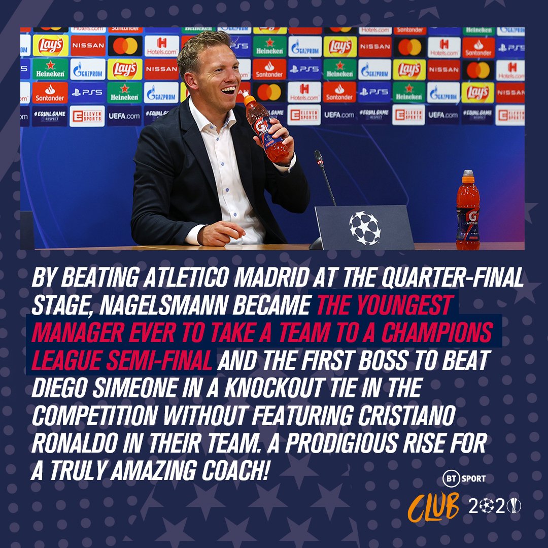 11. By beating Atletico Madrid at the QF stage, Nagelsmann became the youngest manager ever to take a team to a UCL semi-final and the first boss to beat Diego Simeone in a knockout tie in the competition without featuring Cristiano Ronaldo in their team. A prodigious rise!