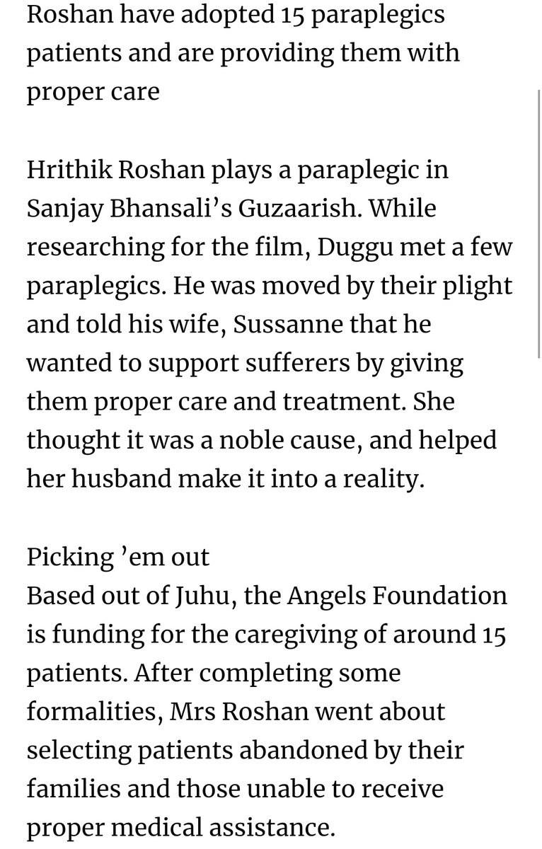  #HrithikRoshan played a quadriplegic patient in  #Guzaarish.He felt their plight as he lives d character & in a country where v.few knew what quadripelgic or paraplefic meant  #Hrithik adopted 15 such patients who were abandoned by therir family & took care of them till their death