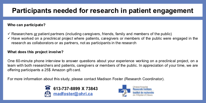 Team_Blueprint's tweet image. Participants needed for research in patient engagement! Let us know if you would like to learn more about our ongoing interview study funded by @CIHR_IRSC Strategy for Patient Oriented Research (#SPOR) @ManojLalu @TO_dpr #patientengagement #PPI #basicscience #preclinical