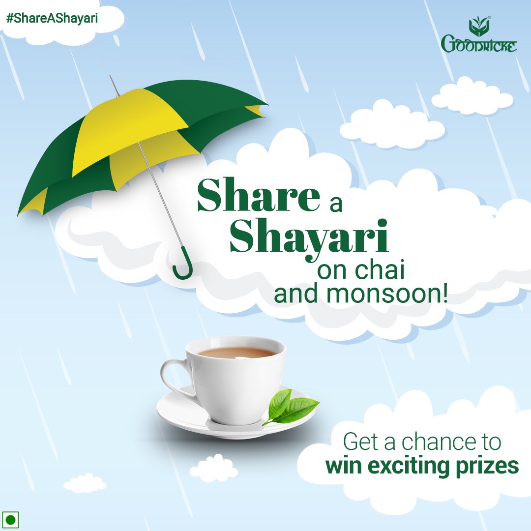 GoodrickeTea's tweet photo. Monsoon, Chai, and Shayari have their own special bond. Unleash your inner Shayar and #ShareAShayari with us in the comments on the perfect combination of Chai &amp; Monsoon! 
#ChaiAurShayari #Shayari #Tealovers #Monsoonseason #Instacontest #Chaicontest #Instagiveaway #Prizes https://t.co/8XdaavfNp2