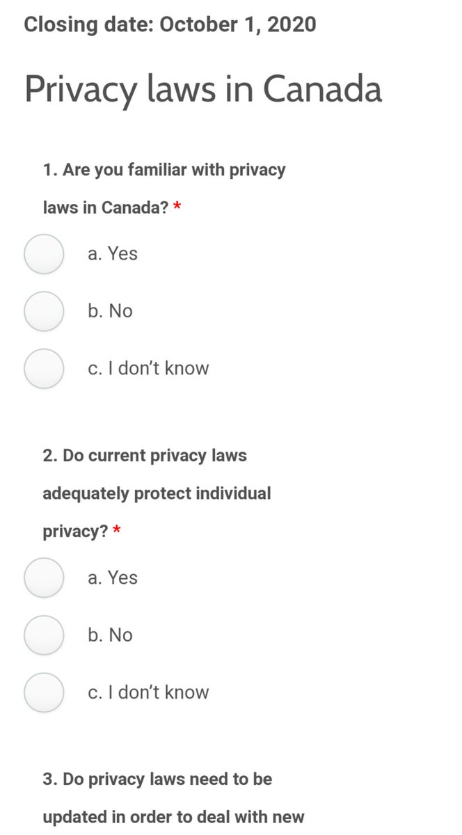 Ontario has launched a consultation on "strengthening privacy protections in Ontario" which will likely result in a privacy bill. This incl a survey which is open to the public (no privacy or tech expertise needed). Now is the time to have your say!  https://www.ontario.ca/form/survey-strengthening-privacy-protections-ontario