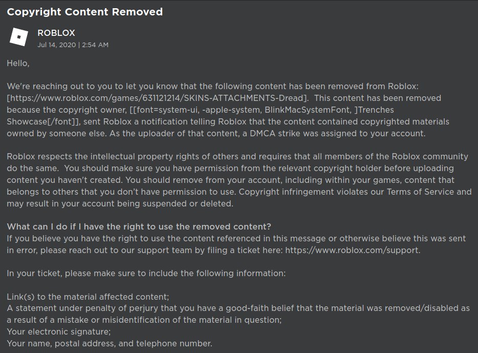 Bakonbot On Twitter It Has Been 1 Month Since My Game Dread Was Taken Down For Copyright Infringing Content That I Have Full Rights To Use In My Game I Have Contacted - roblox support ticket status