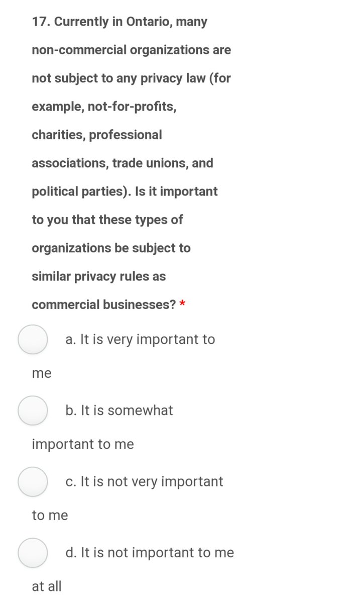 The survey covers the ground of the common data protection considerations, but still relies fairly heavily on notice & consent as the model. Most ppl don't know that political parties are exempt from privacy laws. It's time to change that.