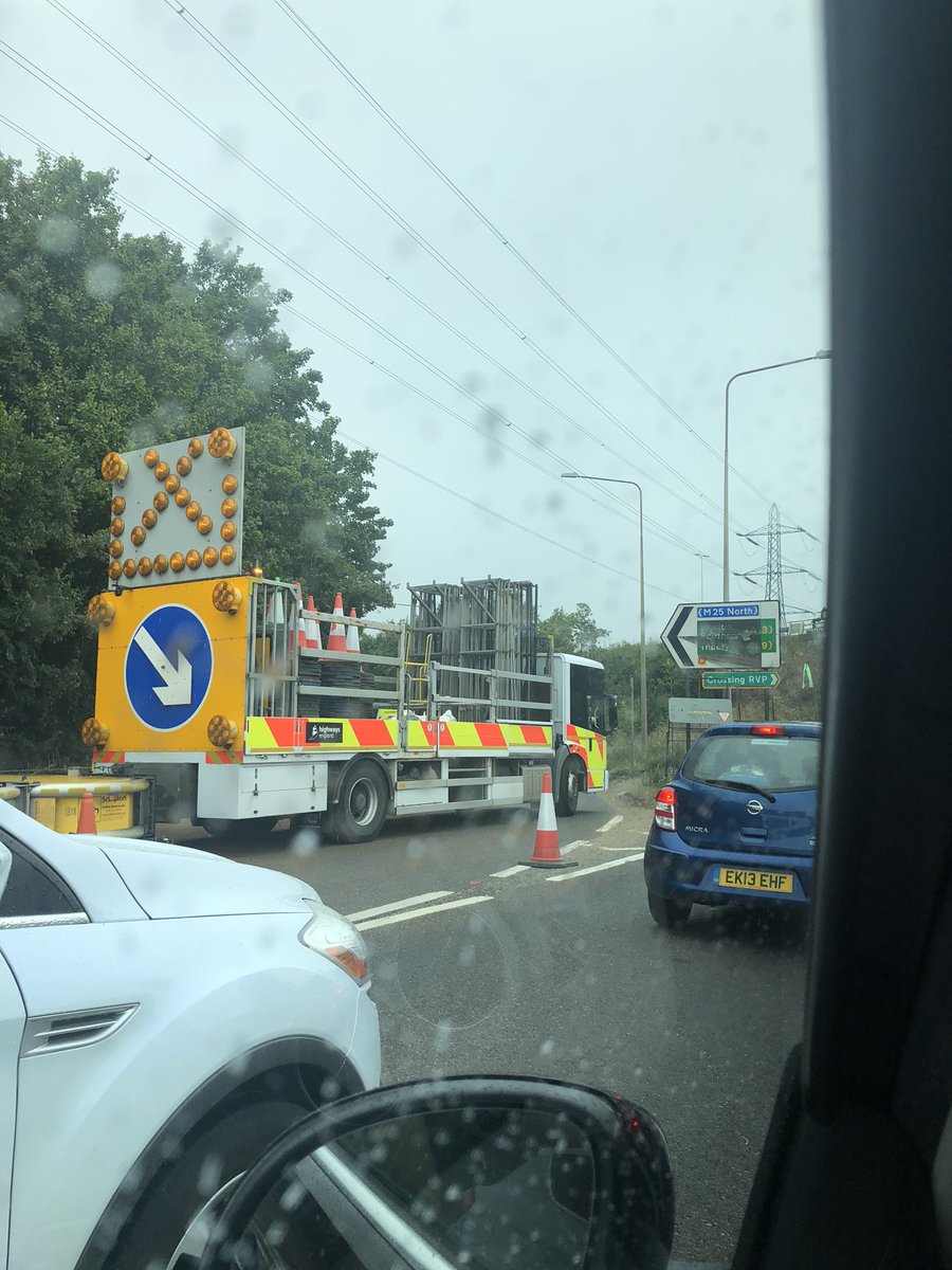 MendologistLisa's tweet photo. @HighwaysSEAST Nope. Closed again today 14th August. Chaos on A282 roundabout https://t.co/67aOGozqC0