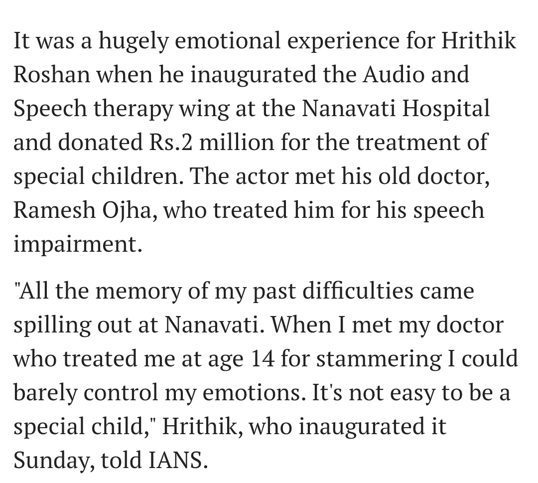  #HrithikRoshan always volunteered his support for the causes of disabled. He contributed to create Audio & Speech Therapy Wing (named after his grand mother Ira Roshan who suffered hearing disability) at Nanavati hospital & also donated for the treatment of that cause.