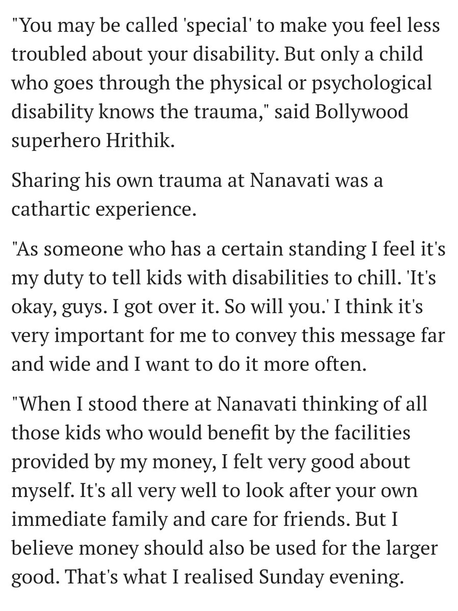  #HrithikRoshan always volunteered his support for the causes of disabled. He contributed to create Audio & Speech Therapy Wing (named after his grand mother Ira Roshan who suffered hearing disability) at Nanavati hospital & also donated for the treatment of that cause.