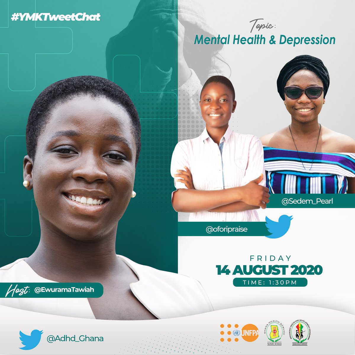 adhdghana's tweet photo. You are all welcome to today’s #YMKTweetChat and we have an amazing panel with us today. With us is our host @EwuramaTawiah who will be joined by @OforiPraise &amp; @Sedem_Pearl.
Ladies, you're welcome and please introduce yourselves. #YMKTweetchat #mentalhealth #depression https://t.co/98CGENyGmG