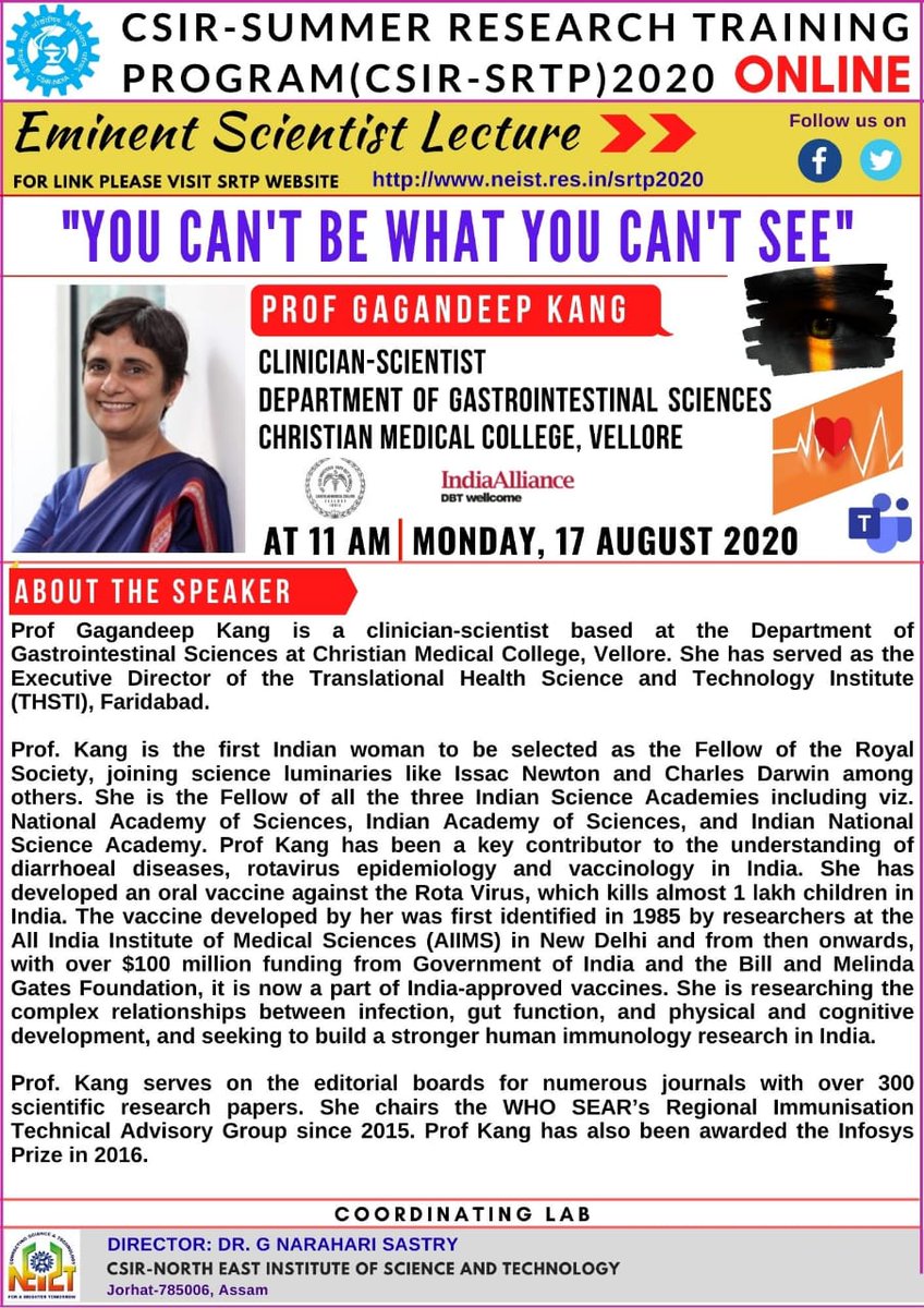 📢 Special Lecture as part of the CSIR-Summer #Research Training Program🔬

India Alliance &amp; <a href="/CSIR_NEIST/">CSIR-NEIST</a> are pleased to bring you a talk 'You Can't Be What You Can't See' by Prof Gagandeep Kang <a href="/GKangInd/">G Kang</a> 👩🏽‍🏫

⏰ 17 August | 11 am IST

Tune in 🔗 neist.res.in/srtp2020/