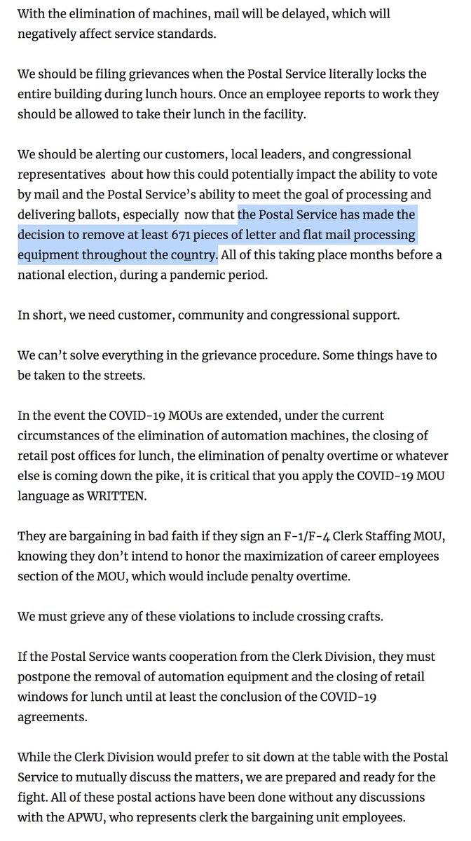 1/ In a July letter to  @APWUnational members, Lamont Brooks, Director of Clerk Division, wrote "...the Postal Service has made the decision to remove at least 671 pieces of letter and flat mail processing equipment throughout the country."