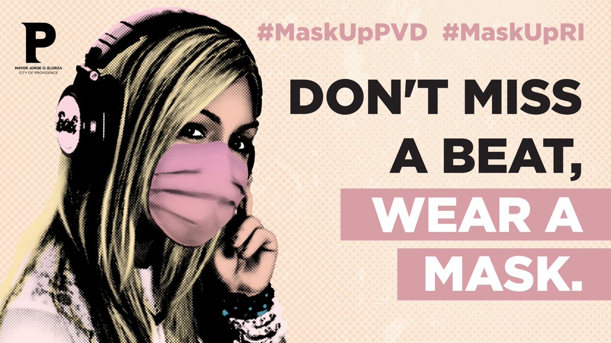 CityofProv's tweet photo. Don't miss a beat, wear a mask! @barbidoll @92profm masks up and you should too! 🎧 #MaskUpRI #MaskUpPVD @mask_ri https://t.co/dai13tQsbD