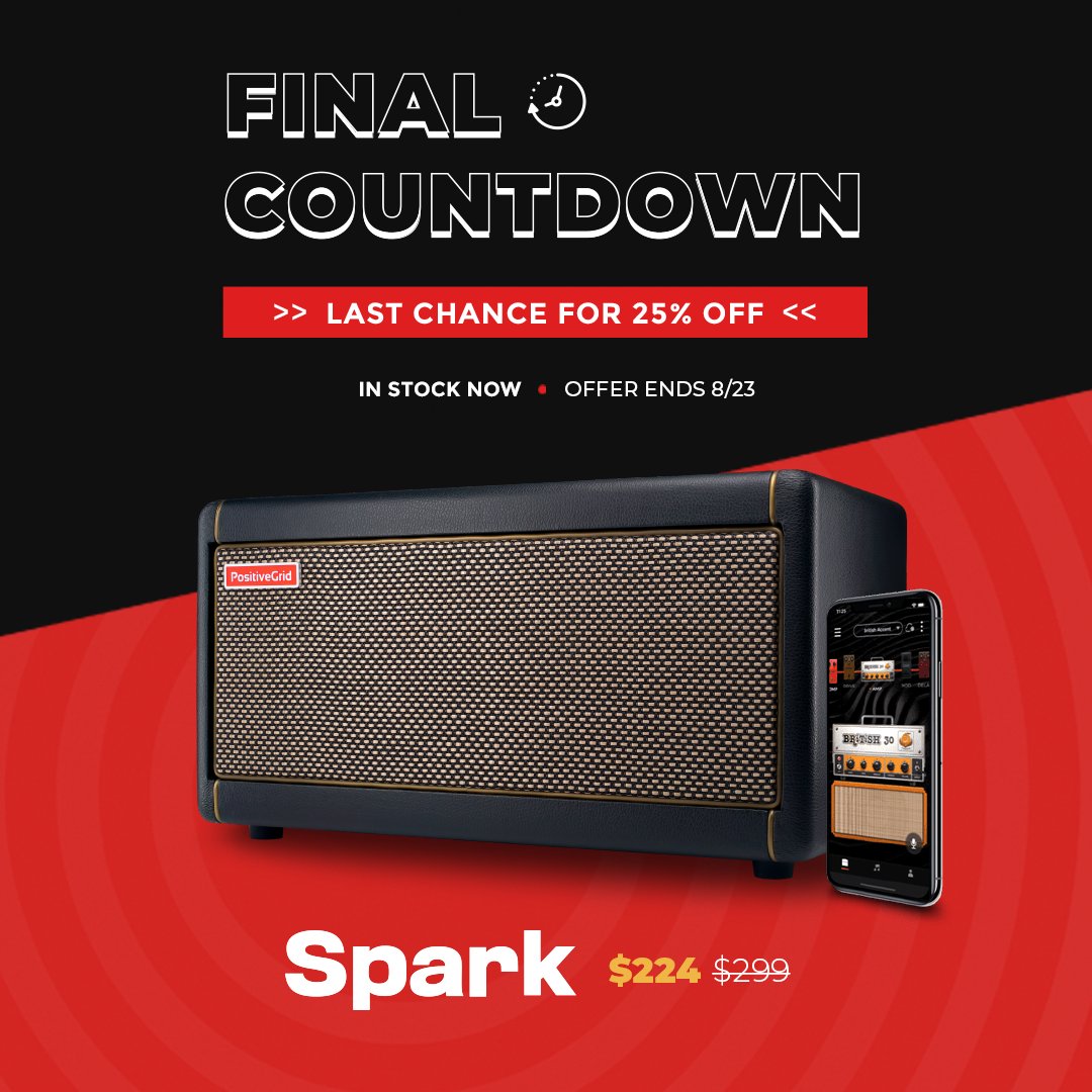 Welcome to the Spark Final Countdown! ⏰ This is your last 10 days to get special 25% off pre-order pricing for our award-winning amp. Spark is in stock now and ready to ship while supplies last, so order now! ⚡️ #SparkFinalCountdown

Order now: bit.ly/3gOWlRI
