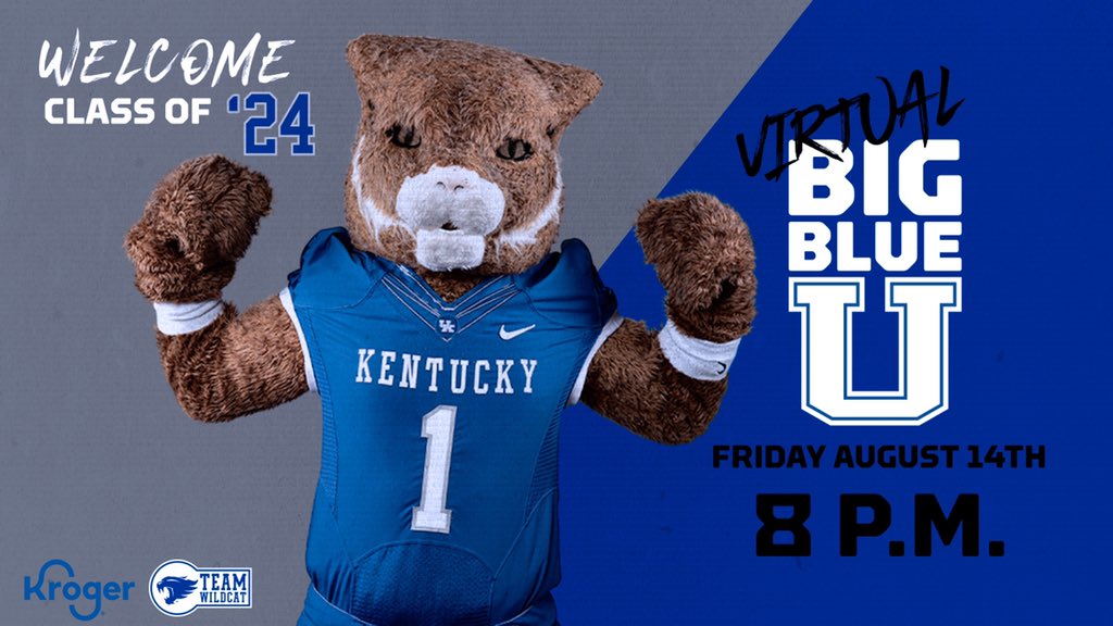UKAthletics's tweet photo. BIG BLUE U, but make it VIRTUAL! πΌππ»
Class of 2024, tune in to our annual @UK_KWeek party tonight at 8 p.m.! Hear from our coaching staff and learn our UK Athletics traditions with @KentuckyCheer, @KentuckyDance, and @The_Wildcat! We canβt wait to meet you! #WeAreUK #UK2024 https://t.co/oqnzhC70VS