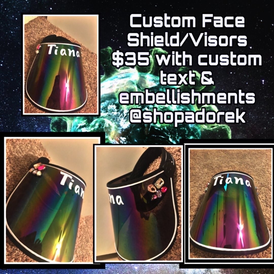 ShopAdoreK's tweet photo. Custom face shields! 
Place your orders now 📲 
LINK IN BIO ‼️‼️ ‼️ 

#shopadorek #faceshield #facemask #coronavirus #corona #covid19 #covid_19 #maskon #maskup #custom #nola #embellished #name #buyblack #shopblack #blackowned  #fuckcorona #6ftaway #nola https://t.co/SWuDlm6ZID