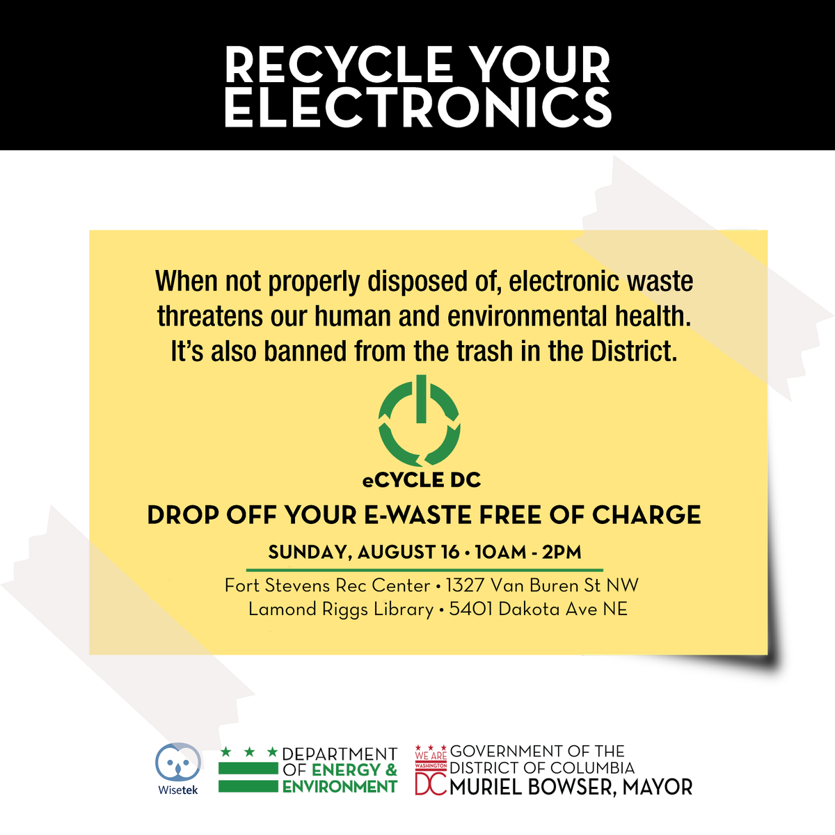 DOEE_DC's tweet photo. Drop off your e-waste with @wisetek this Saturday and Sunday from 10am-2pm at select @dcdpr and @dcpl locations, free of charge!
Want more info about #eCycleDC, acceptable items and future community dates? ♻️💚 Visit us online📲 https://t.co/4AUzHMyrvS https://t.co/qugM9U5w91