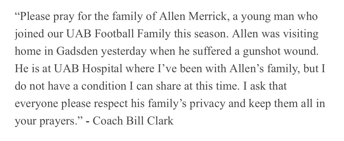SimoneEli_TV's tweet photo. Prayers up for former Gadsden City and current UAB football player Allen Merrick. Great young man on and off the field — and a joy to be around when @BartSessions was at GCHS. Praying for his family and the Gadsden community. 🙏🏽😔 https://t.co/1K5OTqvQ0u