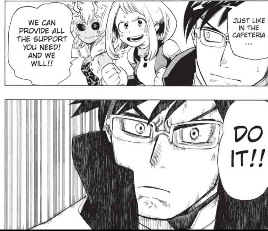 Ch 15 is this one panel in which Ochako looks nervous but she still promises to provide support and encourages Iida to go get help even though he feels it's his duty to stay here. They're friends as much as she is with Deku now 