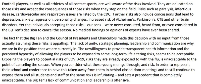 TonyGerdeman's tweet image. Here's a portion of a letter to the B1G from parents of Iowa football players in which they call the conference's leadership and decision making 'appalling' and 'offensive.'