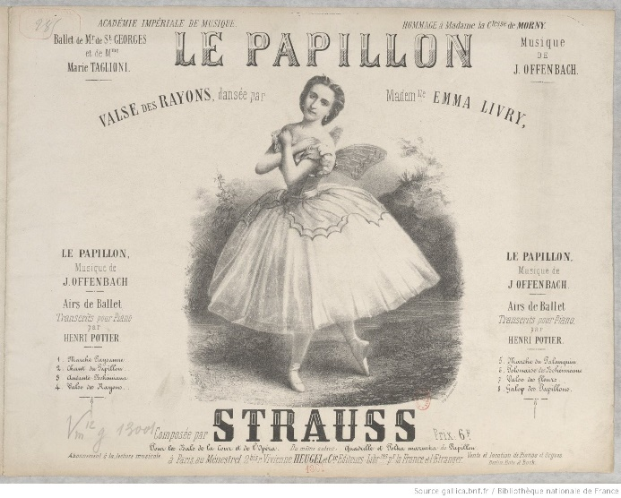 She choreographed for Livry the title-role of Farfalla (Butterfly) in Le Papillon, the only full-length ballet composed by Jacques Offenbach.